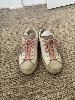 Golden Goose Superstar Sneakers with Pink Laces and Blue Star
